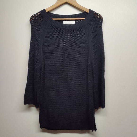 Brochu Walker Crochet Sweater Women Size L Black 3/4 Sleeve Relaxed Fit - Picture 1 of 8